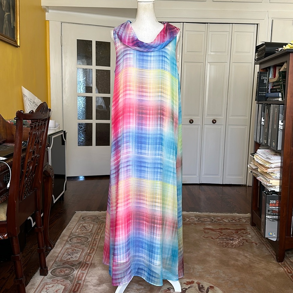 Soft Surroundings Carnevale Multi Plaid Maxi Dress Cowl Neck Pink Yellow Blue L - Picture 2 of 14